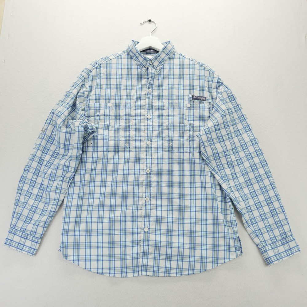 Columbia PFG Super Tamiami Mens M Blue Plaid Fishing Shirt Long Sleeve FM7187